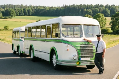 Ein beige/grün farbiger Oldtimerbus vom Typ IFA H6 steht mit Gepäckanhänger auf einer Landstraße bei Chemnitz, Vor dem Bus steht der Fahrer