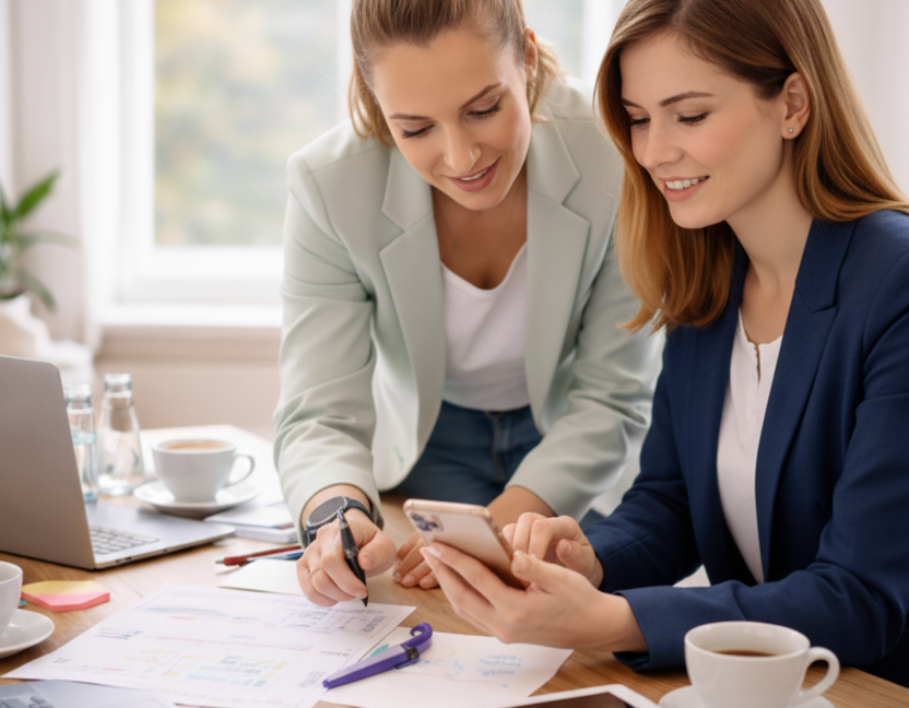 Zwei Hochzeitsplanerinnen am Tisch vor einem Laptop und Smartphone