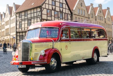 Oldtimerbus Mercedes in Münster vor Stadtkulisse