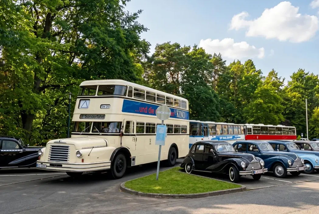 Oldtimerbus DO52, Fleischer und Ikarus sowie Oldtimer "EMW " in Berlin Mehrere Oldtimerbusse und Oldtimer PKW "EMW34" auf einem Parkplatz in Berlin