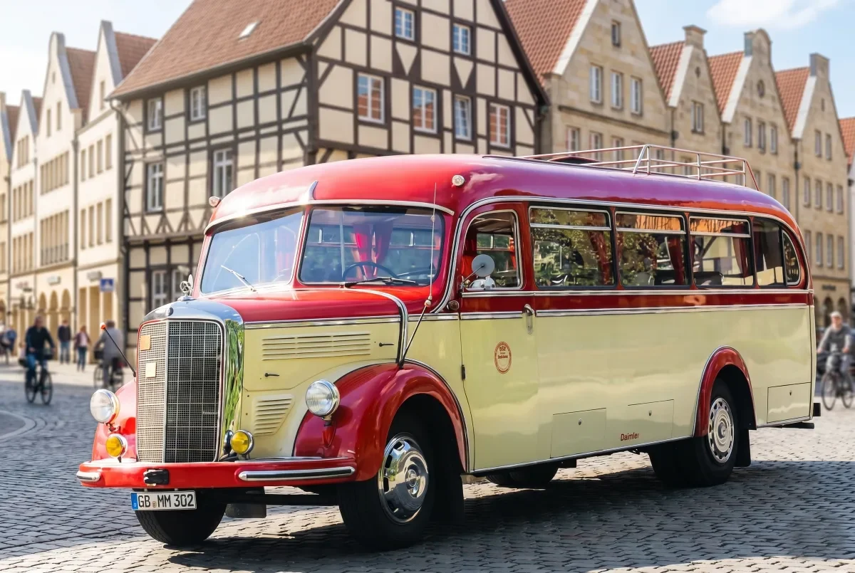 Oldtimerbus der Marke Mercedes Benz in der Innenstadt Münster, Blick auf Hausfassaden 