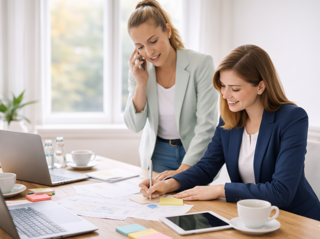 Zwei Hochzeitsplanerinnen am Tisch vor einem Laptop Tablet und Smarthone