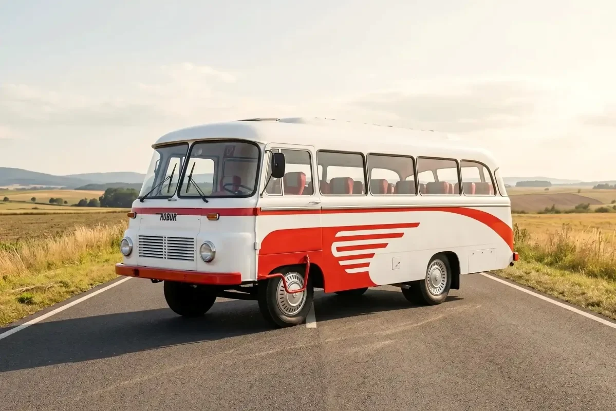 Oldtimerbus Robur zum auf einer Landstraße im Erzgebirge
