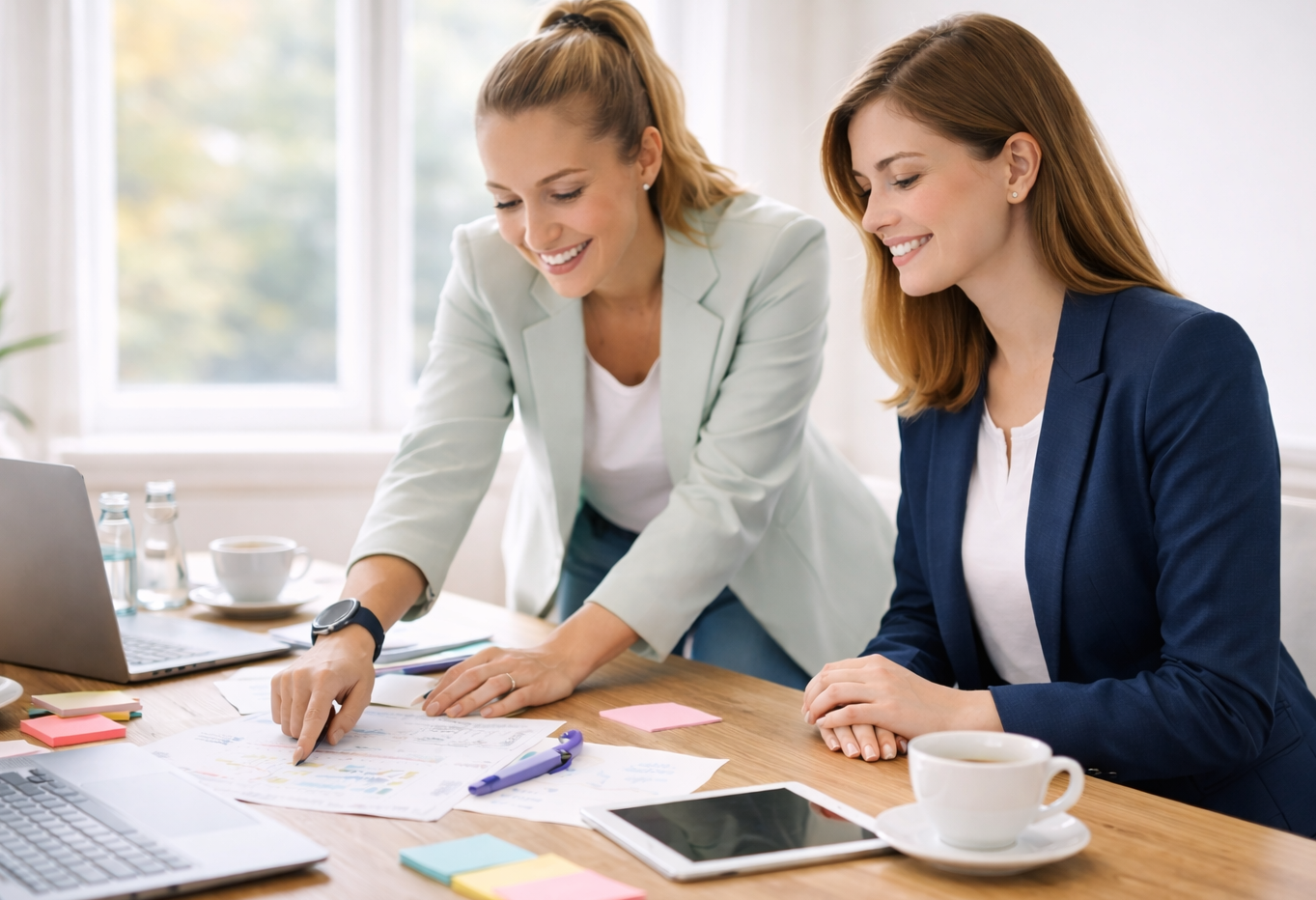 Zwei Hochzeitsplanerinnen am Tisch vor einem Laptop und Tablet