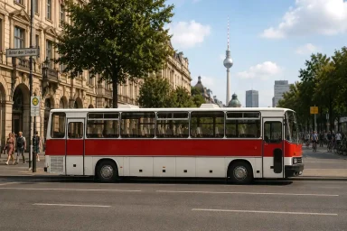 Ikarus 250 Oldtimerbus Ikarus 250 in der Berliner Innenstadt - Blick zum Fernsehturm