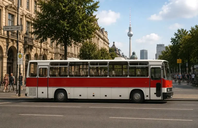 Oldtimerbus Ikarus in Berlin - Blick zum Fernsehturm 