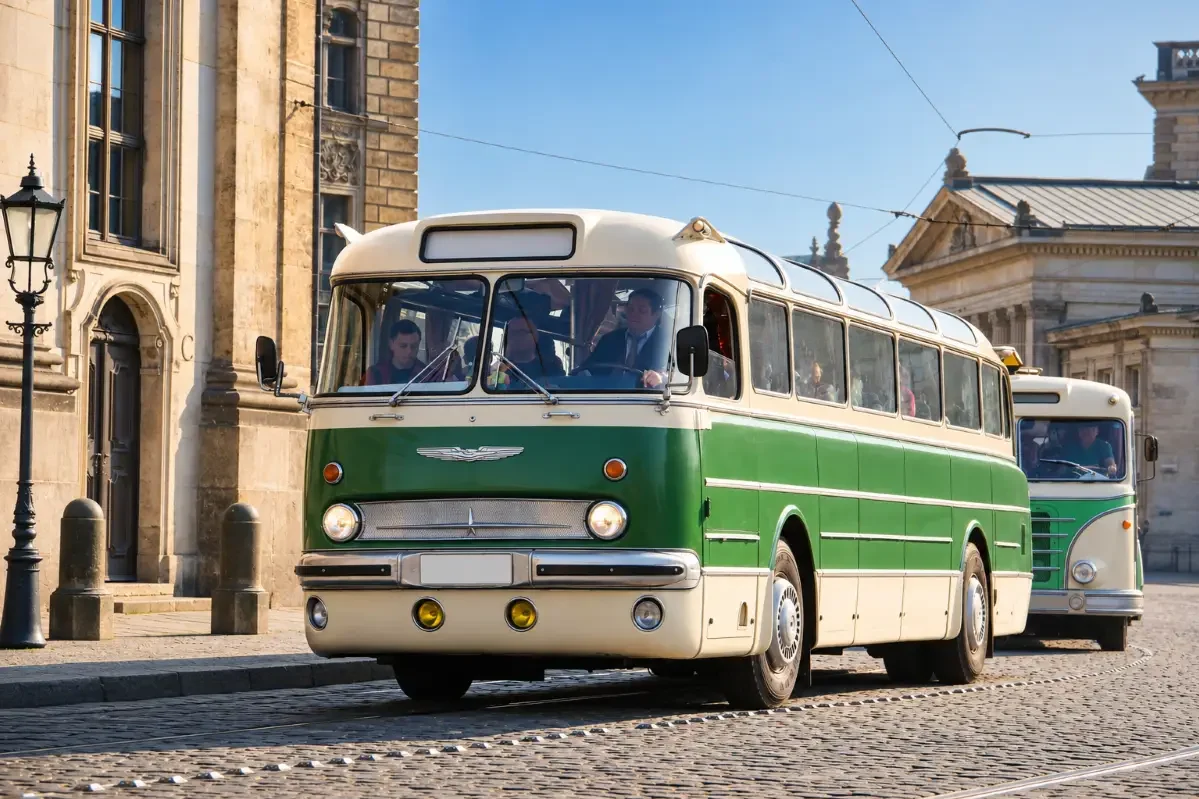 Oldtimerbusse Ikarus 66 und IFA H6 in Dresden 2 Oldtimerbusse vom Typ Ikarus 66 udn IFA H6 vor historischer Kulisse in Dresden