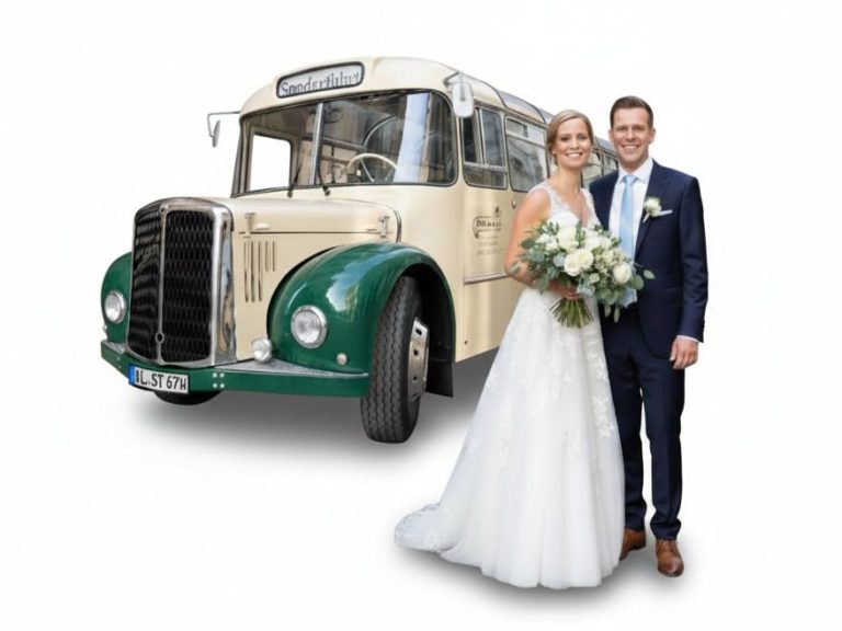 Oldtimerbus zur Hochzeit mieten Brautpaar steht vor einem Oldtimerbus vom Typ Saurer