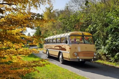Ein beige farbener Oldtimerbus vom Typ Fleischer vor herbstlicher Kulisse im Vogtland